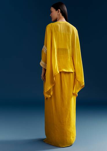 Yellow Organza Crop Top With Asymmetric Design