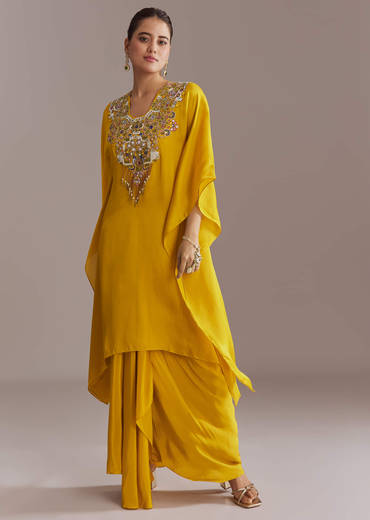 Yellow Organza Kaftan Top And Drape Skirt Set With Resham Work