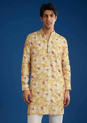 Yellow Pashmina Floral Printed Kurta Set With Zipper