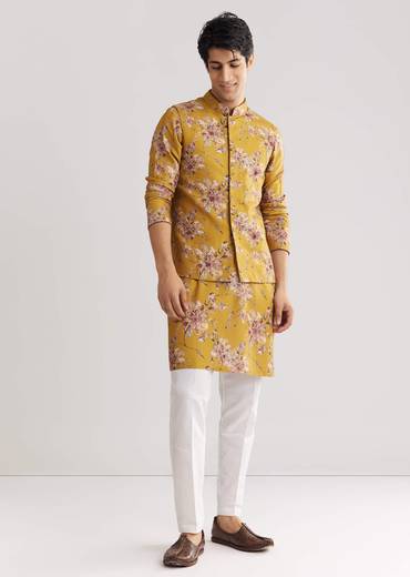 Yellow Pashmina Jacket Kurta Set With Stone Work