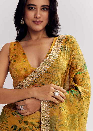 Yellow Printed Tissue Lurex Saree With Zari Mirror And Cutdana Embroidery