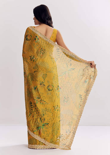 Yellow Printed Tissue Lurex Saree With Zari Mirror And Cutdana Embroidery