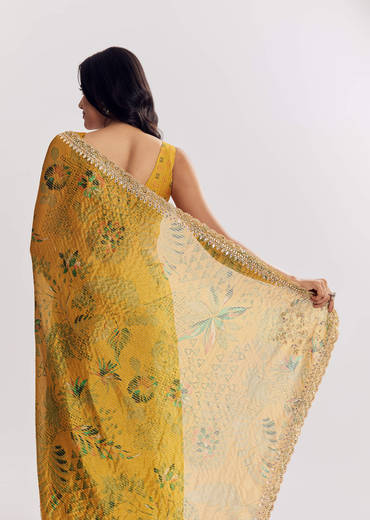 Yellow Printed Tissue Lurex Saree With Zari Mirror And Cutdana Embroidery