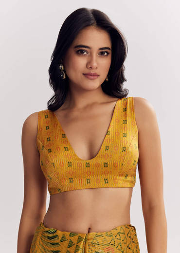 Yellow Printed Tissue Lurex Saree With Zari Mirror And Cutdana Embroidery