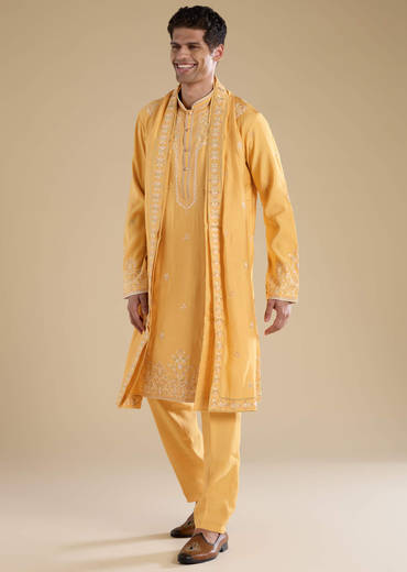 Yellow Resham Work Mens Kurta Set with Dupatta