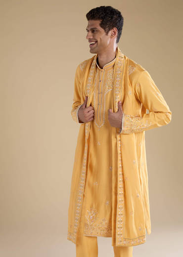 Yellow Resham Work Mens Kurta Set with Dupatta