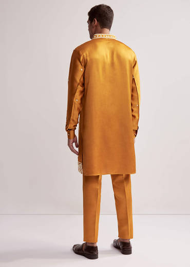 Yellow Satin Blend Kurta Set For Men With Hand Embroidered Buttis