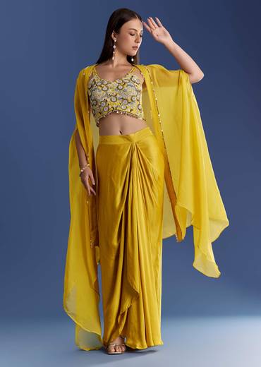 Yellow Satin Cape Set With Embroidered Croptop And Skirt