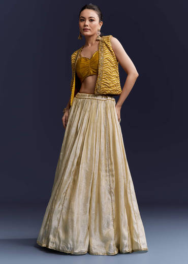 Yellow Satin Festive Lehenga With Hand Dyed Chevron Print Jacket