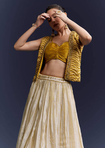 Yellow Satin Festive Lehenga With Hand Dyed Chevron Print Jacket