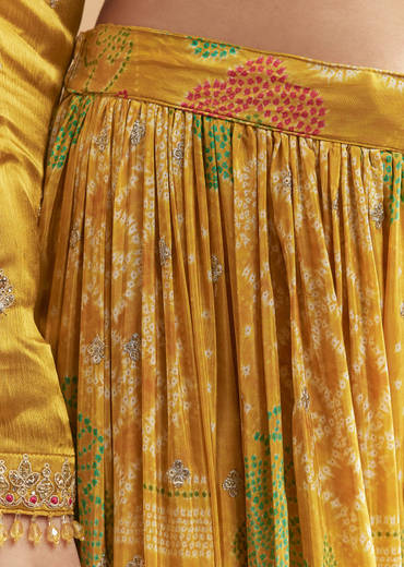 Yellow Satin Suit With Floral Printed Palazzo