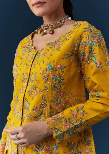 Yellow Satin Silk Crop Top Skirt Set with Resham Work