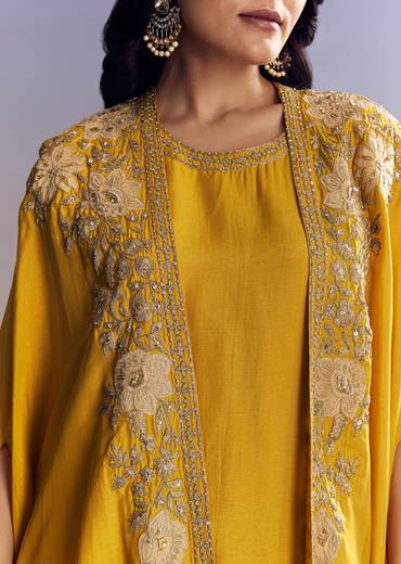 Yellow Sharara Set With Zari Cape