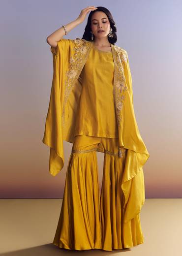 Yellow Sharara Set With Zari Cape