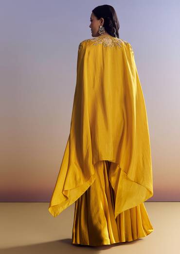 Yellow Sharara Set With Zari Cape