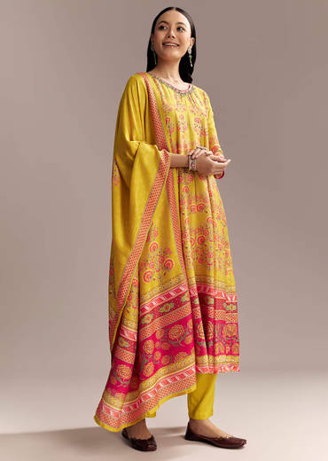 Yellow Silk Anarkali Suit With Multicolour Print