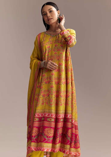 Yellow Silk Anarkali Suit With Multicolour Print