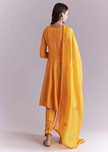 Yellow Silk Anarkali Suit With Pathani Patch Work