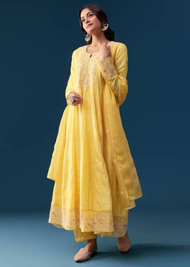 Yellow Silk Anarkali Suit With Resham And Sequins Work