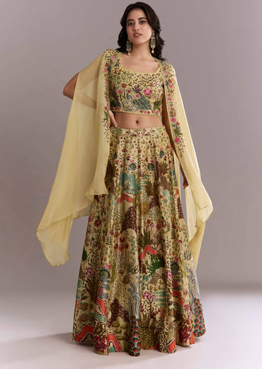 Yellow Silk Crop Top And Printed Skirt Set With Heavy Embroidery