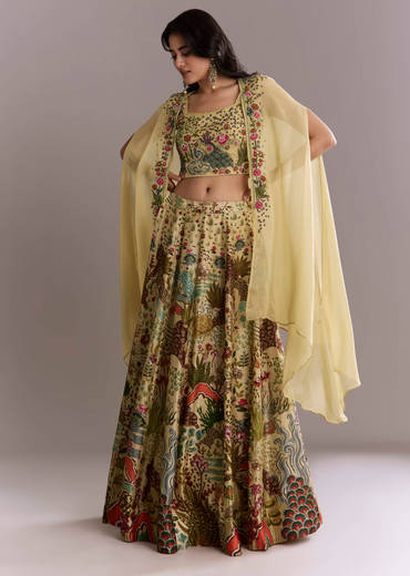 Yellow Silk Crop Top And Printed Skirt Set With Heavy Embroidery