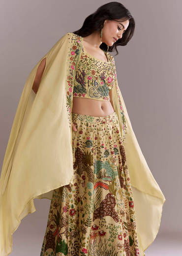 Yellow Silk Crop Top And Printed Skirt Set With Heavy Embroidery