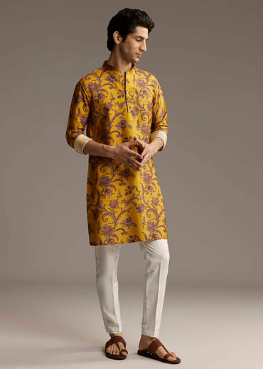 Yellow Silk Designer Kurta For Men With Motif Print
