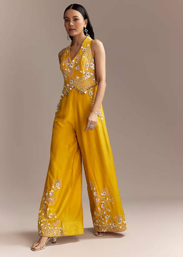 Yellow Georgette Embellished Jumpsuit With Cutdana Work