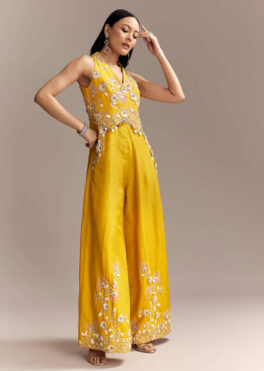 Yellow Georgette Embellished Jumpsuit With Cutdana Work