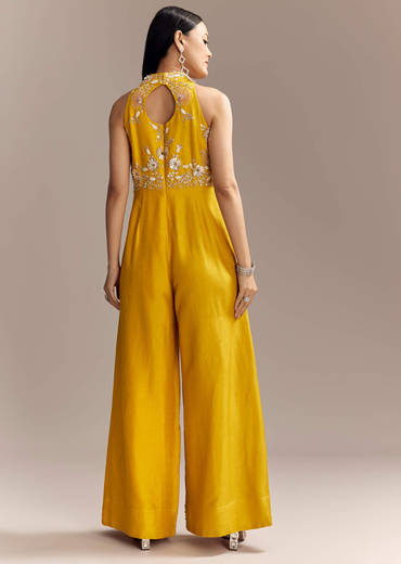 Yellow Georgette Embellished Jumpsuit With Cutdana Work