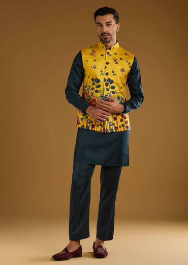 Yellow Silk Floral Kurta Jacket Set For Men With Thread Work