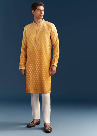 Yellow Silk Foil Kurta Set For Men With Sequins Embroidery