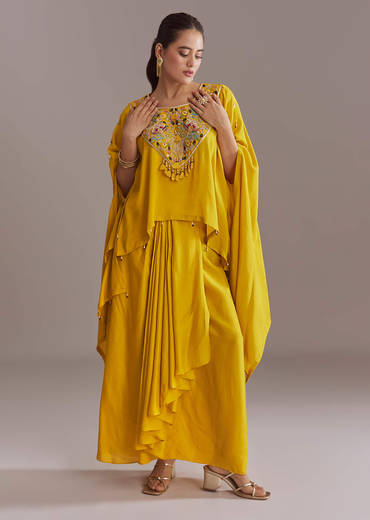 Yellow Silk Kaftan Top And Drape Skirt Set With Embroidery