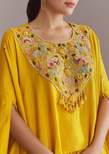 Yellow Silk Kaftan Top And Drape Skirt Set With Embroidery