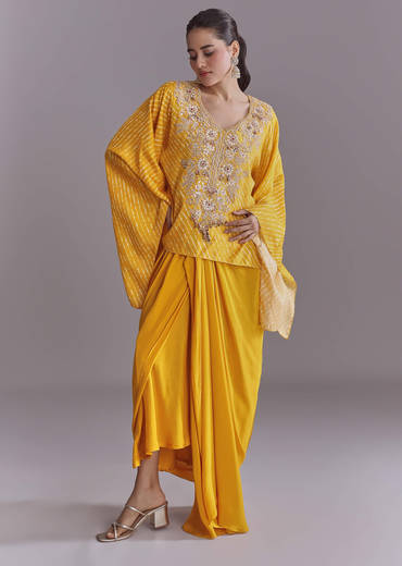 Yellow Silk Kaftan Top And Drape Skirt Set With Leheriya Print