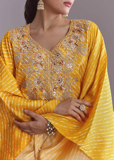 Yellow Silk Kaftan Top And Drape Skirt Set With Leheriya Print