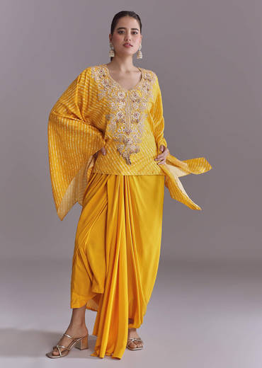 Yellow Silk Kaftan Top And Drape Skirt Set With Leheriya Print