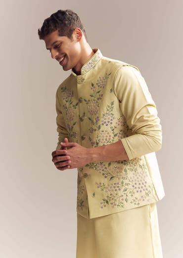 Yellow Silk Kurta Jacket Set For Men With Heavy Embroidery