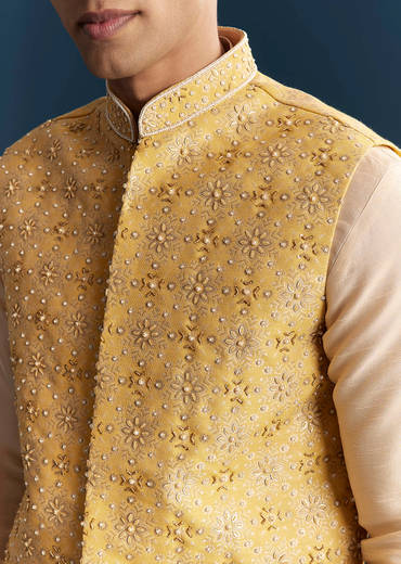 Yellow Silk Kurta Jacket Set For Men With Heavy Hand Embroidery