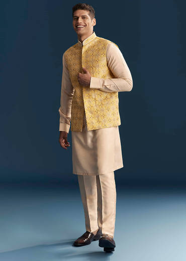 Yellow Silk Kurta Jacket Set For Men With Heavy Hand Embroidery