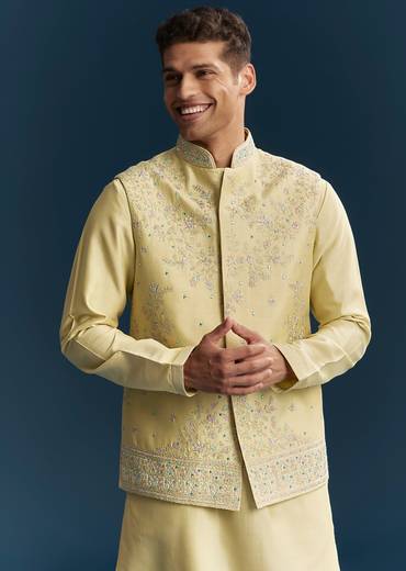 Yellow Silk Kurta Jacket Set With Thread And Mirror Work