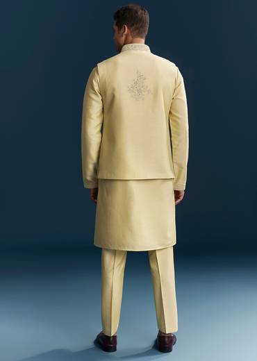 Yellow Silk Kurta Jacket Set With Thread And Mirror Work