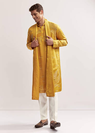 Yellow Silk Kurta Set For Men With Cutdana And Bead Work