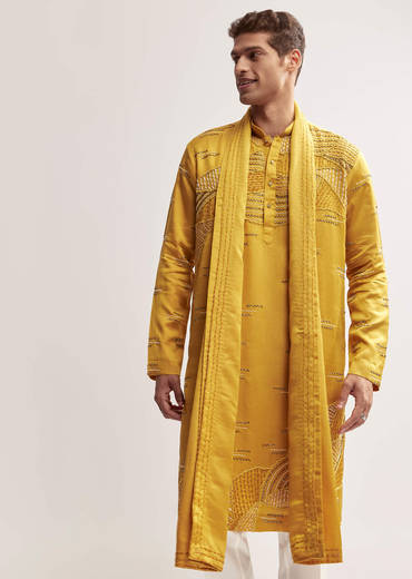 Yellow Silk Kurta Set For Men With Cutdana And Bead Work