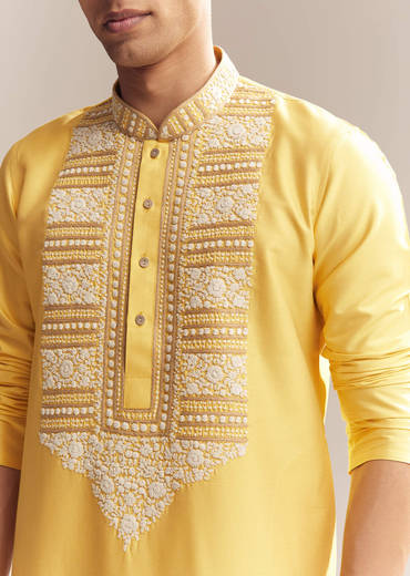 Yellow Silk Kurta Set For Men With Kashmiri Hand Work