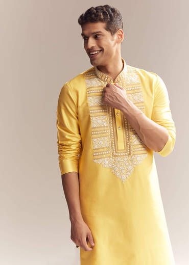 Yellow Silk Kurta Set For Men With Kashmiri Hand Work