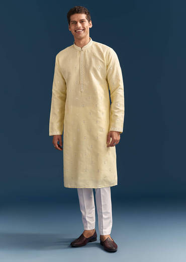 Pastel Yellow Silk Kurta Set For Men With Mirror Work