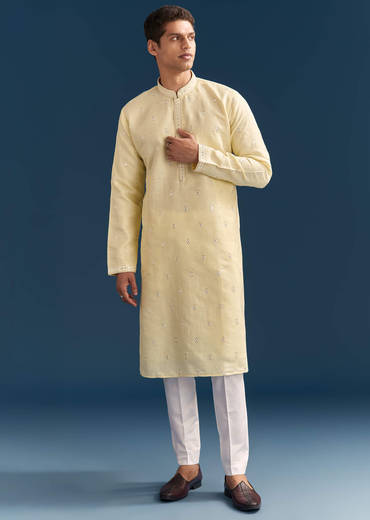 Pastel Yellow Silk Kurta Set For Men With Mirror Work