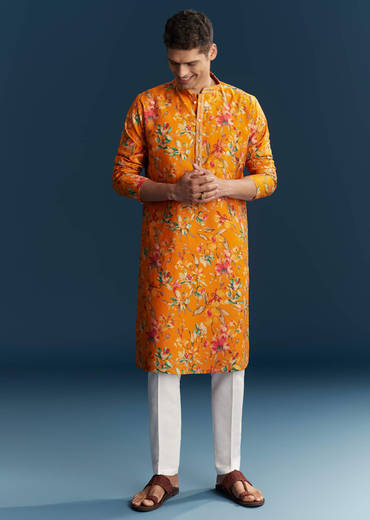 Yellow Silk Kurta Set For Men With Multicolour Floral Print