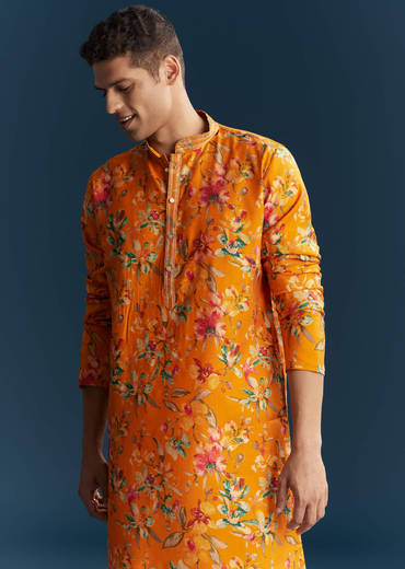 Yellow Silk Kurta Set For Men With Multicolour Floral Print